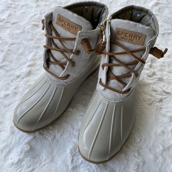 Sperry Womens Saltwater Duck Boot Size 7.5 Ivory Chevron Quilted Rain Snow Boots - Picture 2 of 15